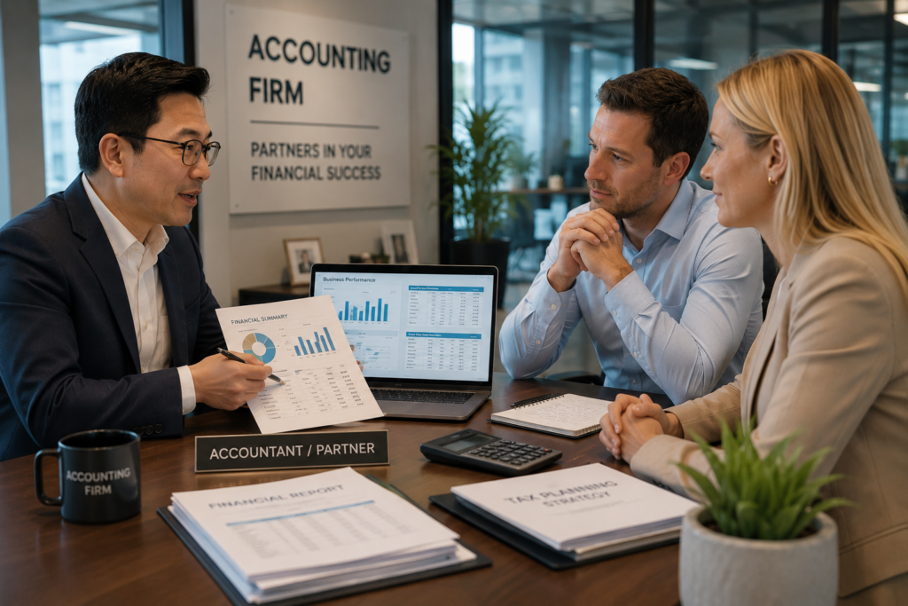 Accountant discussing financial reports and business strategy with clients during an accounting firm consultation