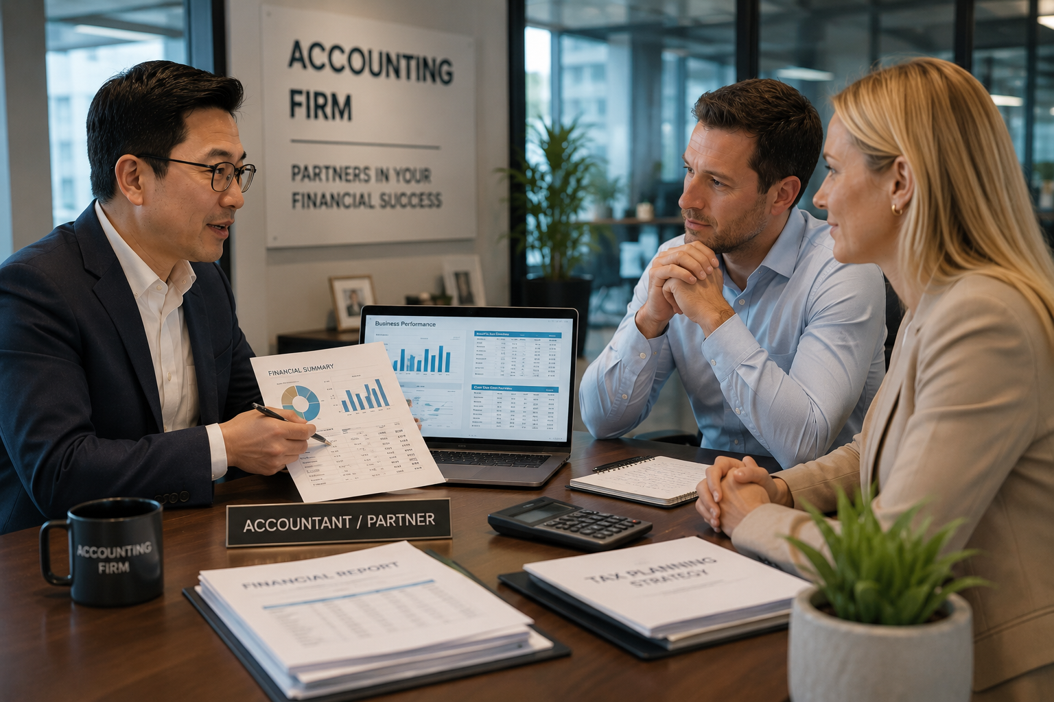 Accountant discussing financial reports and business strategy with clients during an accounting firm consultation