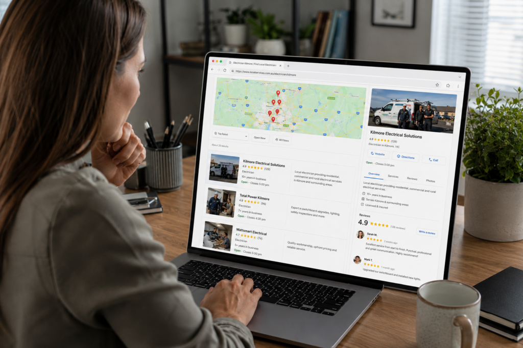 Customer searching for local services in Kilmore by comparing business listings, reviews, and online search results
