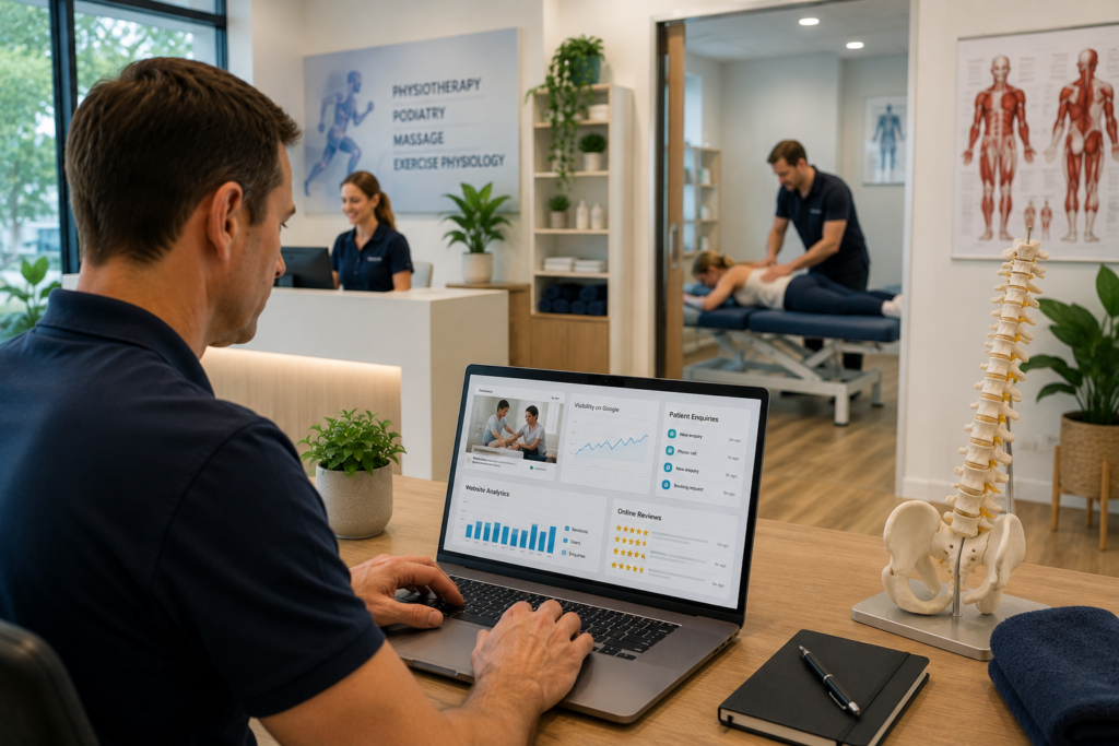 Practice owner reviewing the digital performance of allied health practices to improve online visibility and attract more patient enquiries