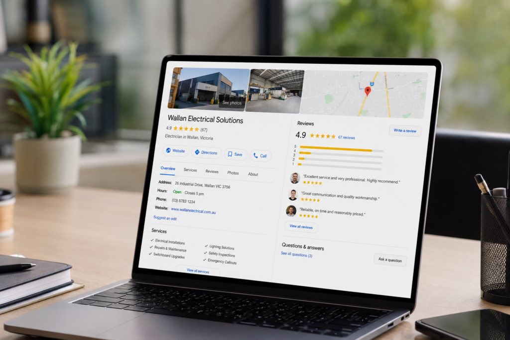 Google Business Profile displaying business information, reviews, and Google Maps visibility for a local business in Wallan