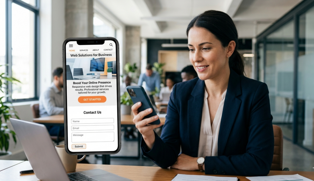 Business owner viewing a mobile-friendly website on a smartphone in a professional office environment