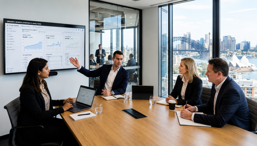 Professional services team discussing organic search growth and online visibility strategies in an Australian office
