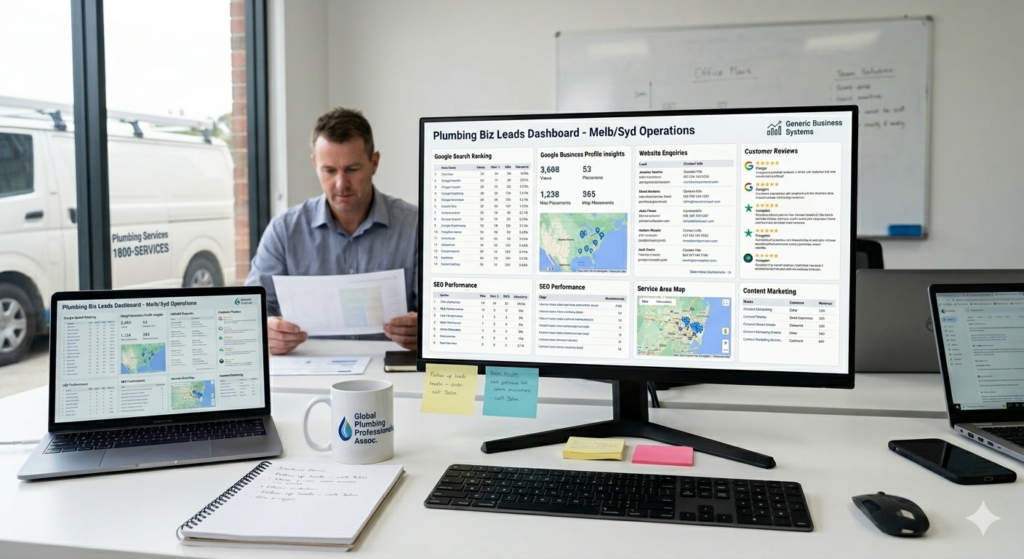 Australian plumbing lead generation dashboard showing website enquiries, local SEO performance, customer reviews, and multiple lead sources beyond paid directories