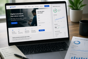 Laptop displaying a service business website with a contact form, call-to-action and analytics dashboard to generate qualified leads.