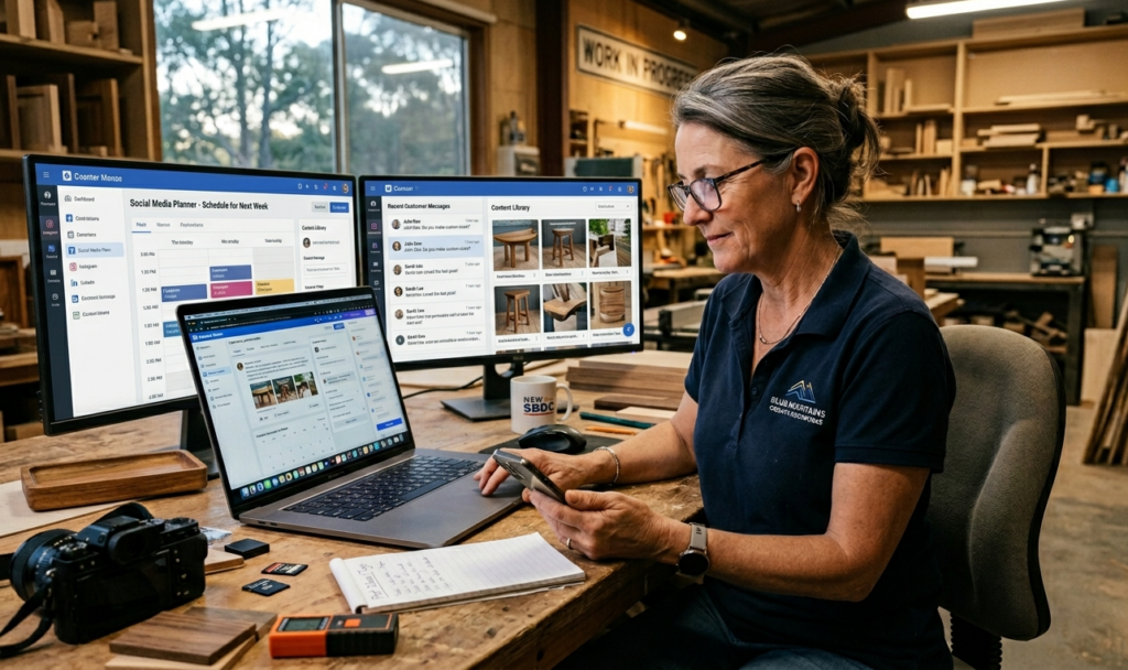Business owner creating and managing social media content in Broadford using multiple digital marketing tools.