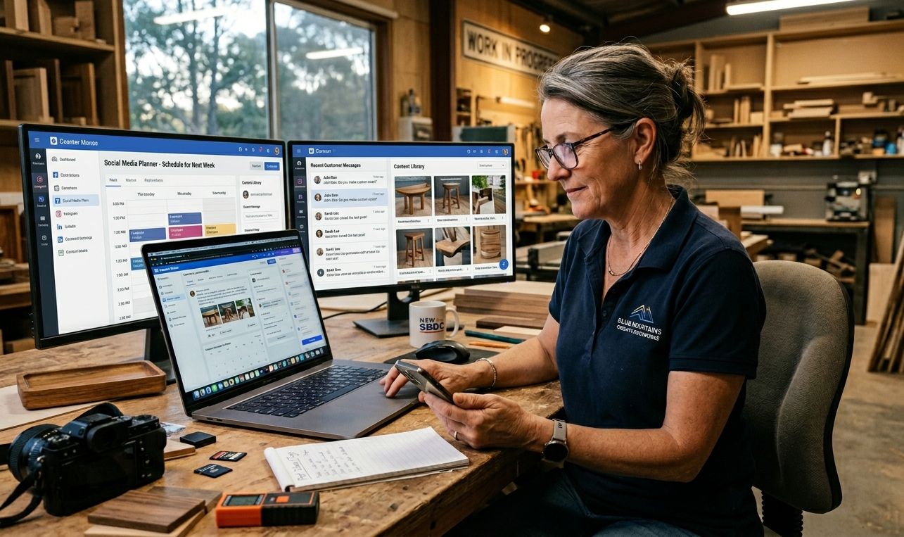 Business owner creating and managing social media content in Broadford using multiple digital marketing tools.