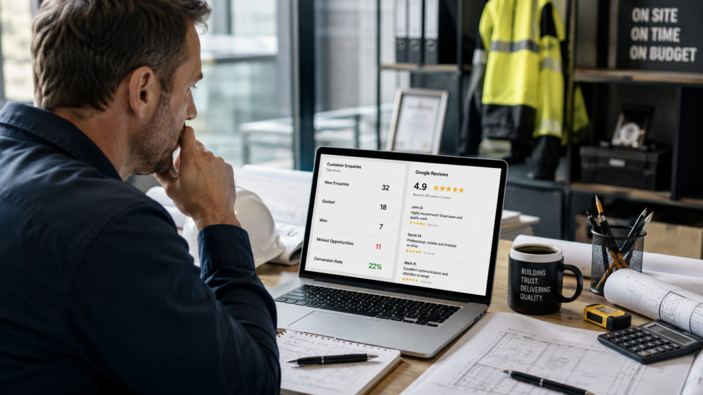 A business owner analysing trade business reviews, customer enquiries, and missed job opportunities in a modern office