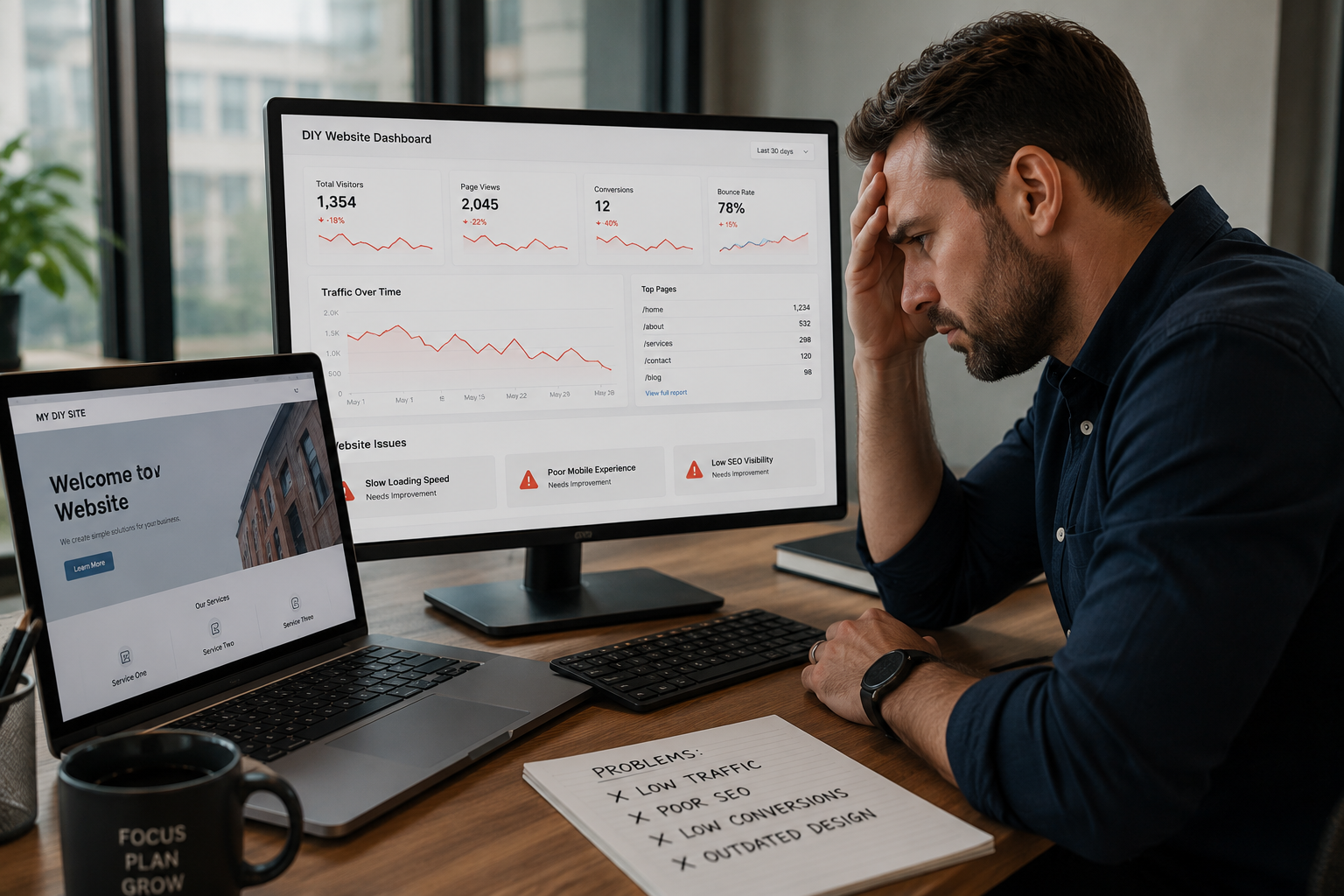 Business owner looking frustrated while reviewing a DIY website on a laptop and website performance analytics on a second screen, showing declining traffic, poor SEO results, and limited business growth opportunities in a modern office.