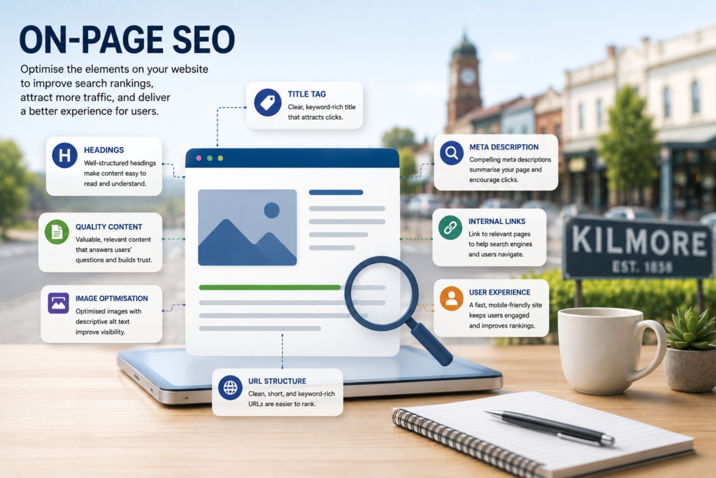 On-page SEO in Kilmore guide featuring website optimisation, quality content, image optimisation, URL structure, and search ranking improvements.