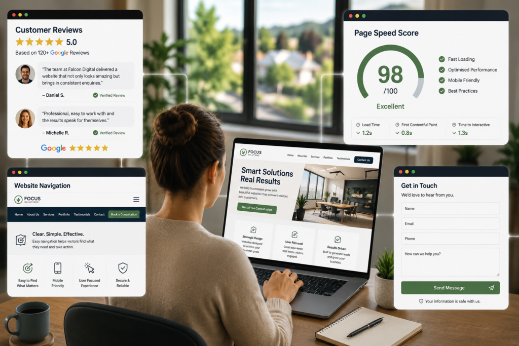 Professional website design in Wallan featuring a modern business website with customer reviews, fast page speed, intuitive navigation, and a contact form to improve conversions.
