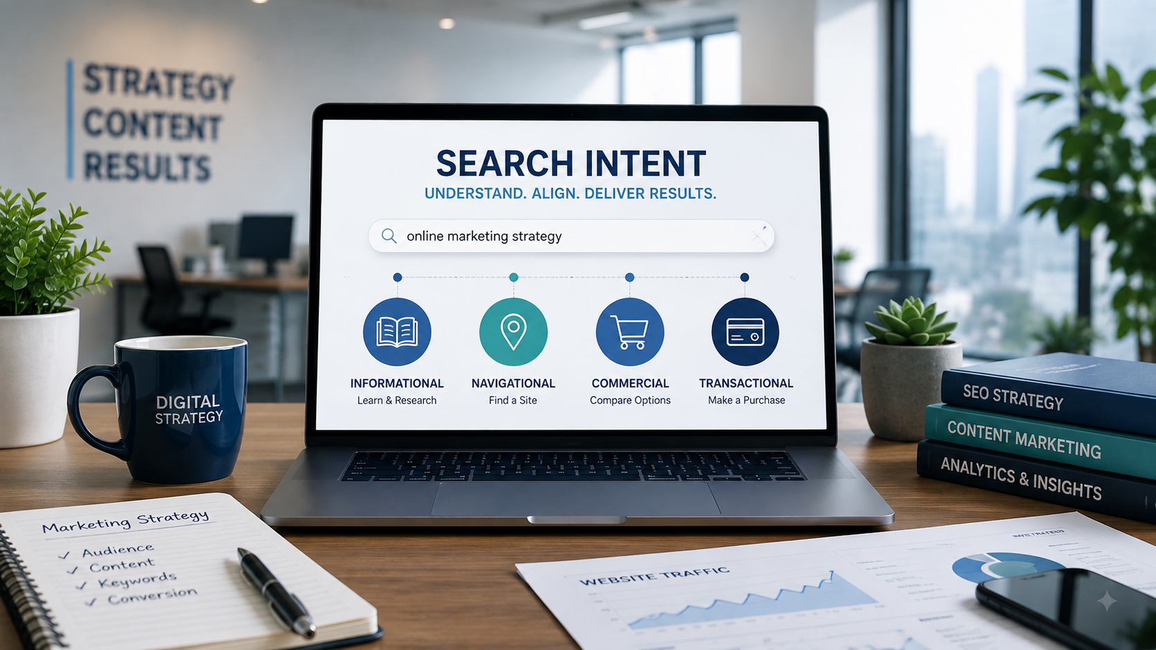 Search intent and online marketing strategy showing four types of search intent: informational, navigational, commercial, and transactional.